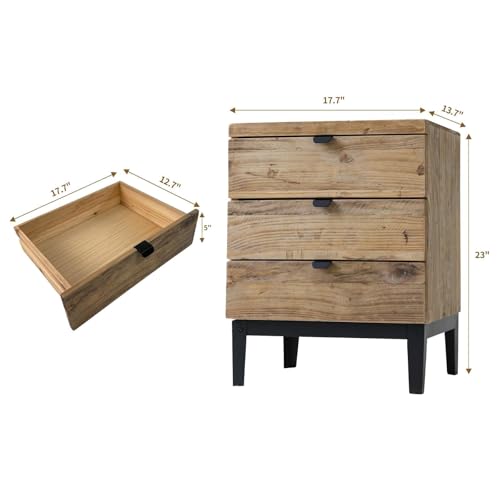 Farmhouse Nightstand Wood Bedside Table with 3-Drawers Bedside End Tables Storage for Living Room, Hallway, Handmade Distressed, Natural