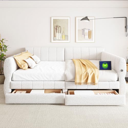 Queen Size Upholstered Daybed Sofa Bed with 2 Drawers, Lambswool Upholstered Platform Bed with USB for Bedroom Living Room Guest Room (White-@045)
