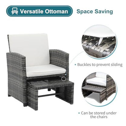 6 Piece Patio Furniture Conversation Set with Ottoman, Outdoor Grey Wicker Chair and Table Set, Balcony Furniture for Apartments, White