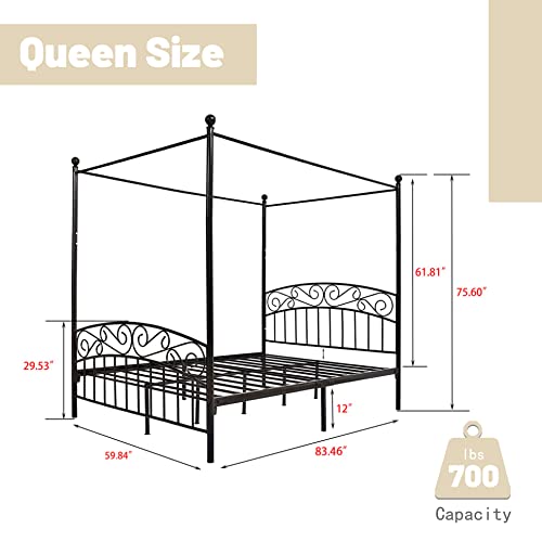 Queen Size Metal Canopy Bed Frame, Black, view 3