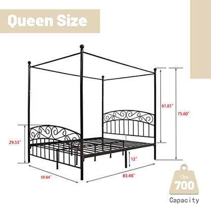 Queen Size Metal Canopy Bed Frame, Black, view 3