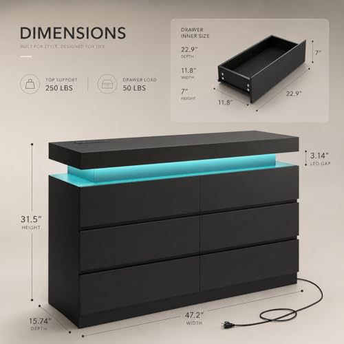6 Drawer Dresser with LED Lights & Charging Station, view 3