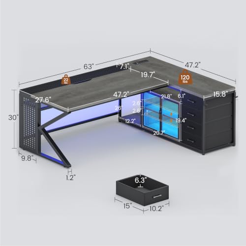 63"x27.6" L Shaped Gaming Desk with 4 Drawers Storage, Grey, view 3