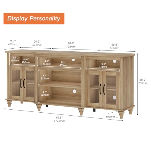 Farmhouse TV Stand for TVs Up to 75 inch, TV Cabinet with Glass Door and Shelf, view 3
