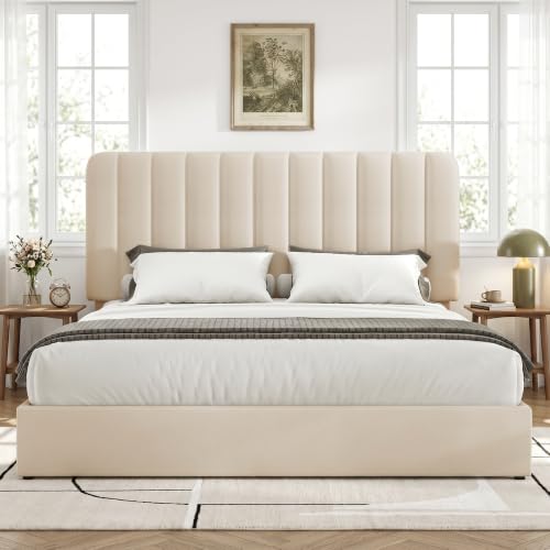 Velvet Platform Storage Bed with Wooden Slats, Beige, view 7