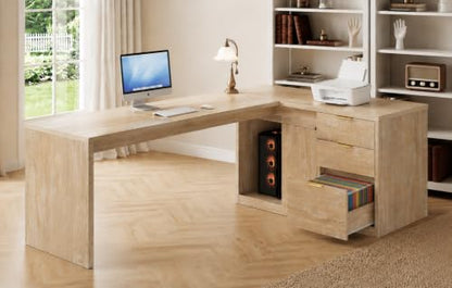 78.7" L-Shaped Executive Desk with Drawers and File Cabinet Farmhouse Large, view 2