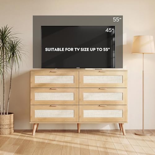 Rattan TV Stand, 6-Drawer 47.24'' Wide Boho Wood TV Console, Gold Metal Handle, TV Stand for 55 inch TV, Storage for Living Room, Office, Light Oak