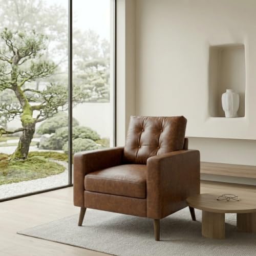 Mid Century Modern Armchair, Button Tufted Faux Leather Accent Chair with Armrests, Upholstered Club Chair for Living Room, Bedroom & Office, Caramel Brown
