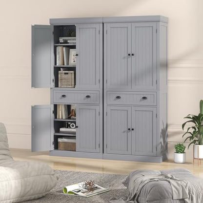 72" H Kitchen Pantry Cupboard Cabinet, Traditional Freestanding Large Tall Storage Cabinet with 2 Cabinets and Drawer, Adjustable Shelves, for Living Room Kitchen, 30 x 16 x 72 Inch