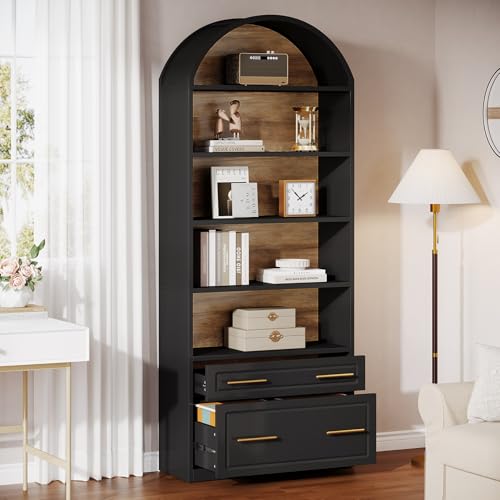 76.8" Tall Arched 5-Tier Bookcase, Black, view 5