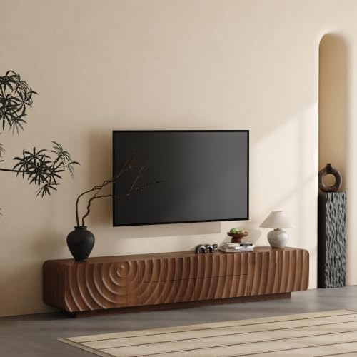 86" TV Console, Spiral Wave Design, 4 Drawers, Media Storage, Walnut, view 7