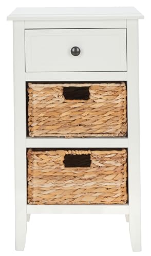 Vintage White Solid Wood Drawer Side Table with Coastal Basket Design, view 2