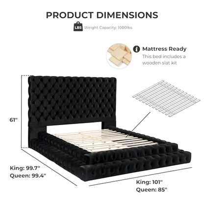 Black Sable fabric step-up bed with oversized headboard and button tufting, view 4