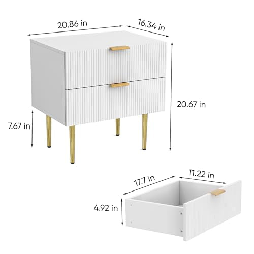 White Nightstand for Bedroom, Fluted Night Stand, End Table for Living Room, Mid Century Modern Bedside Table with Drawers, Bed Side Table with Gold Metal Legs, Bedroom Furniture Stripe