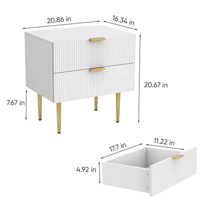 White Nightstand for Bedroom, Fluted Night Stand, End Table for Living Room, Mid Century Modern Bedside Table with Drawers, Bed Side Table with Gold Metal Legs, Bedroom Furniture Stripe