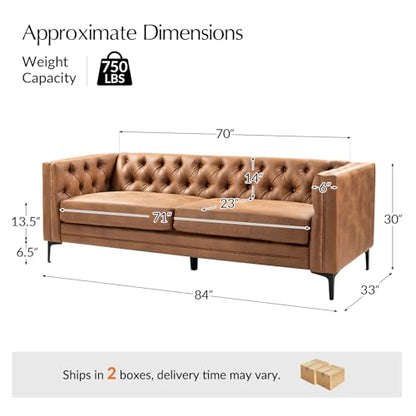 84" W Faux Leather Sofa Couch with Metal Legs, Button-Tufted 3-Seater Sofa, Mid Century Modern Upholstered Couch for Living Room, Entertainment Area, Apartment,Camel