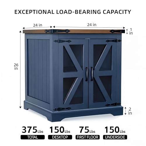 Farmhouse End Table, 24" Large End Tables with Storage, Rustic Square Sofa Beside Table with Glass Barn Door, Wood Side Table Square Nightstand for Living Room, Bedroom, Office (Misty Blue)