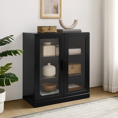 Essen Stackable Glass Door Kitchen Pantry Storage Cabinet, Accent Cabinets for Entryway, Black