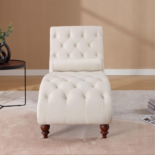 Velvet Tufted Chaise Lounge, Upholstered Sofa Chair with Wood Legs Beige, view 7