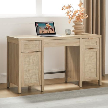 Rattan Home Office Desk with Storage, 52" Boho Executive Desk, view 2