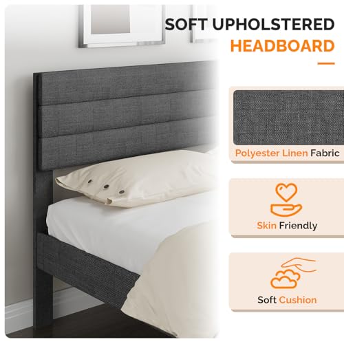 Queen Upholstered Platform Bed Frame with Headboard, Dark Gray Linen, view 6