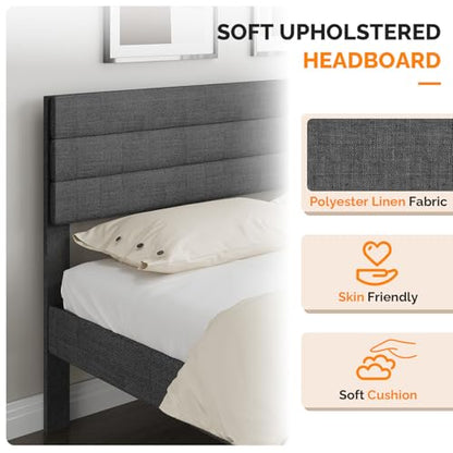 Queen Upholstered Platform Bed Frame with Headboard,Linen Dark Gray, view 6