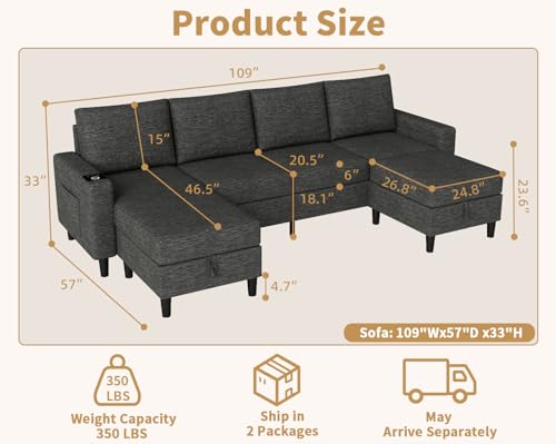 Smart Sectional Couches for Living Room, 6 Seat U/L Shaped Sectional Sofa with RGB Light/Charging, Modern Living Room Furniture for Apartments/Office/More (Dark Grey)