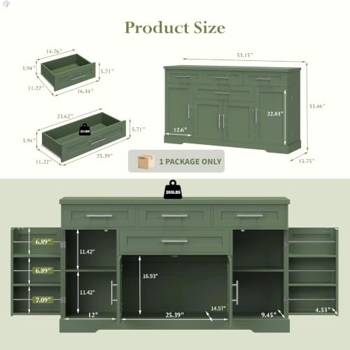 54" Sideboard Cabinet, Kitchen Buffet Cabinet with Storage, Olive Green, view 4