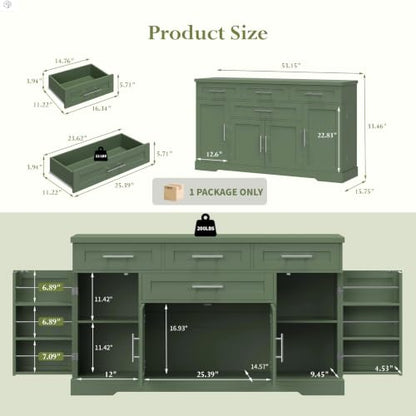 54" Sideboard Cabinet, Kitchen Buffet Cabinet with Storage, Olive Green, view 4