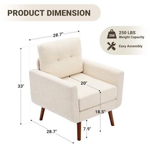 Linen Fabric Single Sofa, Accent Chair, Mid Century Modern Armchair for Living Room, Bedroom Button Tufted Upholstered Comfy Reading Sofas, Beige