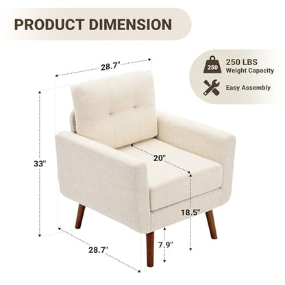 Linen Fabric Single Sofa, Accent Chair, Mid Century Modern Armchair for Living Room, Bedroom Button Tufted Upholstered Comfy Reading Sofas, Beige