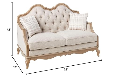 Chelmsford Loveseat with 2 Accent Pillows Beige Fabric Antique Taupe Frame Elegant Upholstered 2 Seater Sofa Classic Living Room Furniture Comfortable Cushions Durable Wooden Construction