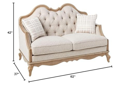 Chelmsford Loveseat with 2 Accent Pillows Beige Fabric Antique Taupe Frame Elegant Upholstered 2 Seater Sofa Classic Living Room Furniture Comfortable Cushions Durable Wooden Construction