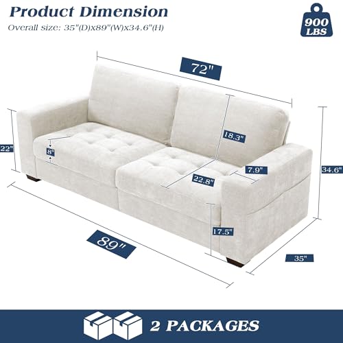 Sofas for Living Room, Chenille Loveseat Couch Set, Small Modern Sofa, USB Charging, Removable Sofa Cover,Solid Wood Frame, Easy to Install(89inch,White)