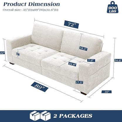 Sofas for Living Room, Chenille Loveseat Couch Set, Small Modern Sofa, USB Charging, Removable Sofa Cover,Solid Wood Frame, Easy to Install(89inch,White)