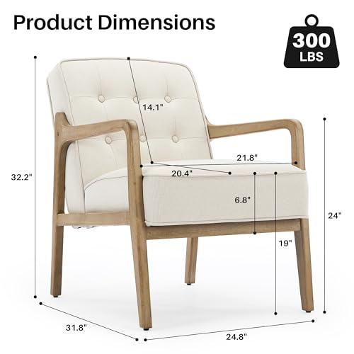 Linen Accent Chair, Mid Century Modern Chair for Living Room, Upholstered Comfy Lounge Armchair with Solid Wood Frame, Reading Side Chair for Bedroom,105°Ergonomic Comfort, White