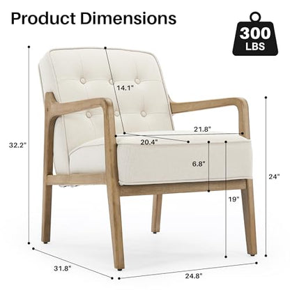 Linen Accent Chair, Mid Century Modern Chair for Living Room, Upholstered Comfy Lounge Armchair with Solid Wood Frame, Reading Side Chair for Bedroom,105°Ergonomic Comfort, White