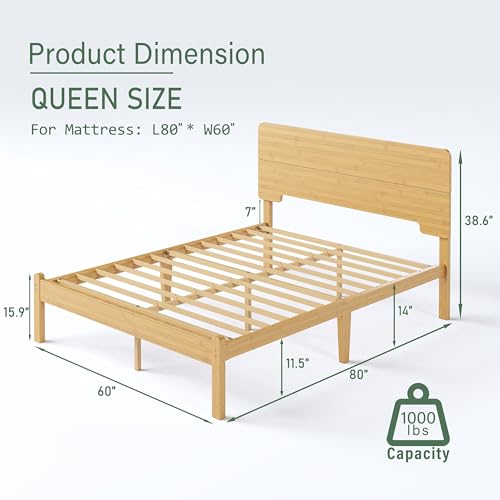 Queen Size Bamboo Wood Platform Bed Frame with Headboard, Natural, view 3