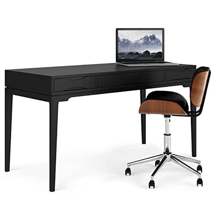 Harper Desk - 60 Inch Wide Solid Wood Writing Desk in Black, Mid-Century Modern Home Office Computer Table for Workspace or Study with 2 Drawers and Flip-Down Keyboard Tray