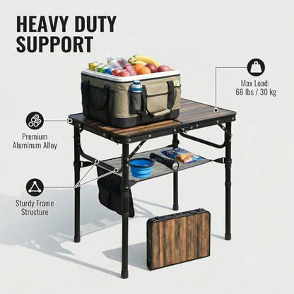 Small Folding Camping Table, 2ft Portable Picnic Table Aluminum 24" x 16" Folding Table, 3 Adjustable Heights Portable Lightweight Table Dining Table for RV, Picnic, Beach (Wood Grain)