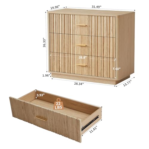 Fluted Natural Wood Dresser with Metal Handles 31.5" Wide, view 3