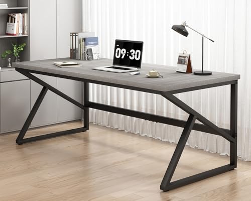 70 Inch Long Grey Desk, Large Home Office Computer Desk for 2 People, Industrial Wood and Metal Executive Work Writing Study Gaming Desk Table, Modern Bedroom Simple PC Laptop Desk Double Desk