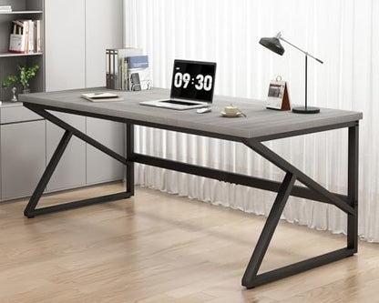 70 Inch Long Grey Desk, Large Home Office Computer Desk for 2 People, Industrial Wood and Metal Executive Work Writing Study Gaming Desk Table, Modern Bedroom Simple PC Laptop Desk Double Desk