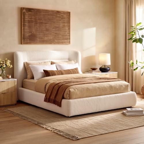 Queen Wood Platform Bed with Winged Headboard, Beige, view 4