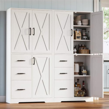 Pantry Cabinet, 67.5 inch Tall Storage Cabinet with 3 Doors & Drawers, Farmhouse Kitchen Cabinet with Adjustable Shelves, 5 Tier Freestanding Cupboard for Kitchen, White