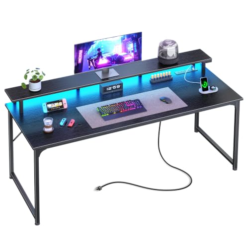 55 inch Gaming Desk, LED & Power Outlets, Monitor Stand, Black, view 2