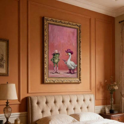 Whimsical Pink Cowboy Frog and Duck Poster Cute Western Animal Wall Art | Funny Trendy Cowgirl Aesthetic Picture Cozy Room Vibe Mood Booster Decor