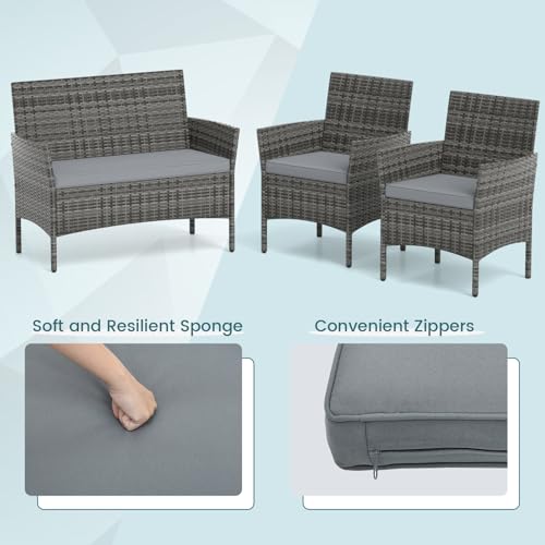 4-Piece Patio Furniture Set - Rattan Outdoor Conversation Bistro Set w/Cushions, Glass Coffee Table, Wicker Chairs & Loveseat for Garden Backyard Porch, Balcony Furniture Set (1, Mix Grey)