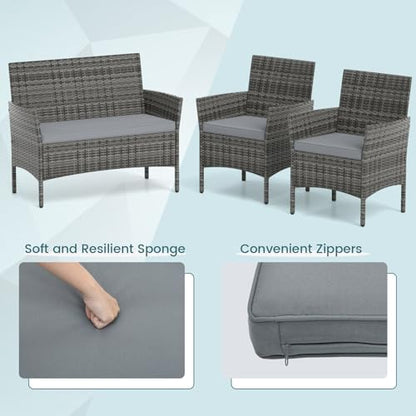 4-Piece Patio Furniture Set - Rattan Outdoor Conversation Bistro Set w/Cushions, Glass Coffee Table, Wicker Chairs & Loveseat for Garden Backyard Porch, Balcony Furniture Set (1, Mix Grey)