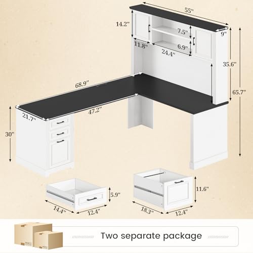 Farmhouse L Shaped Desk with Hutch and 3 Drawers, 68.9" Executive Office Desk with File Drawer and Power Outlet, Corner Computer Desk with Storage Shelves for Home Office, White